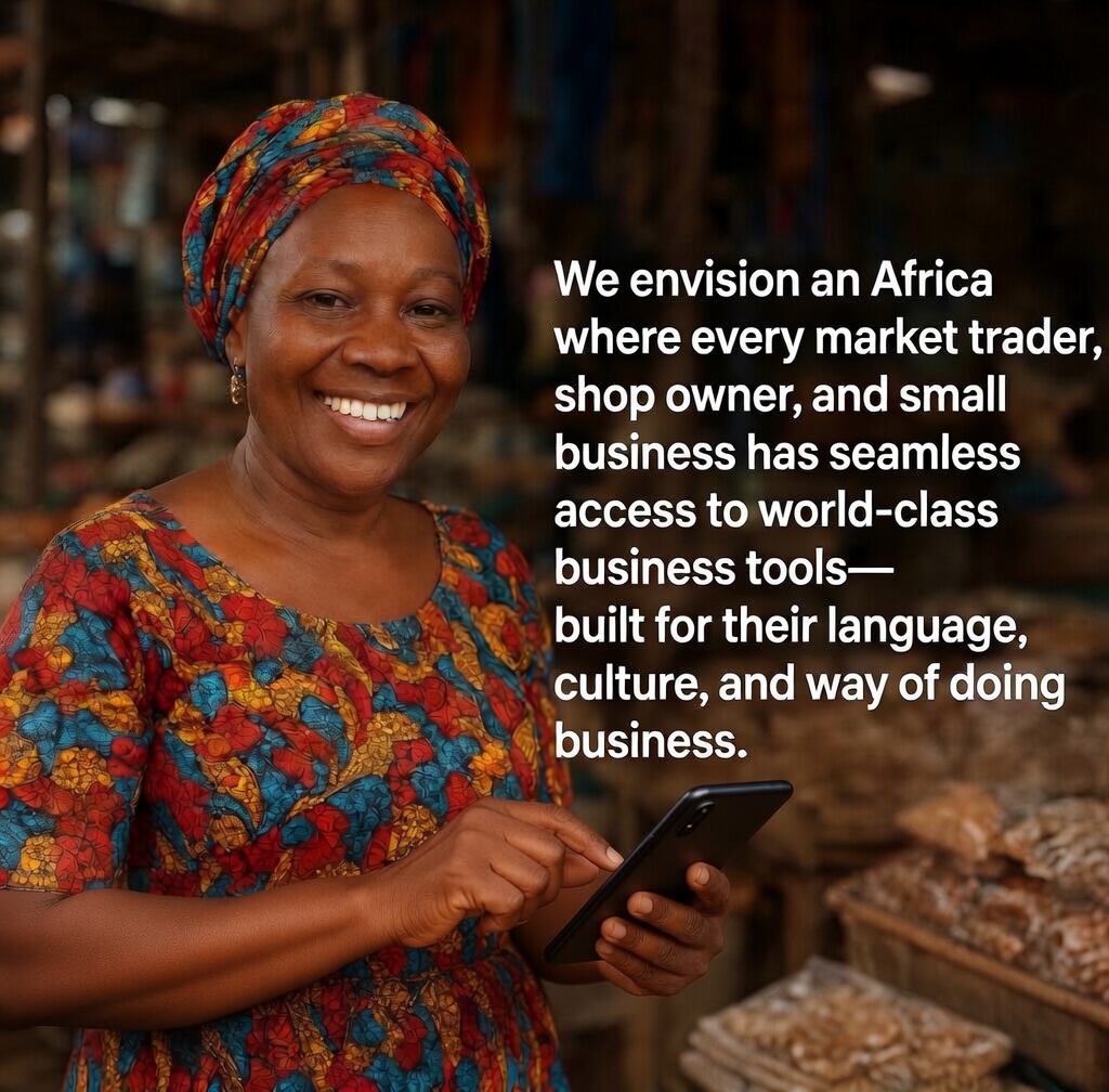 Entrepreneur with tablet in a market; vision statement on the image celebrates businesses across Africa.